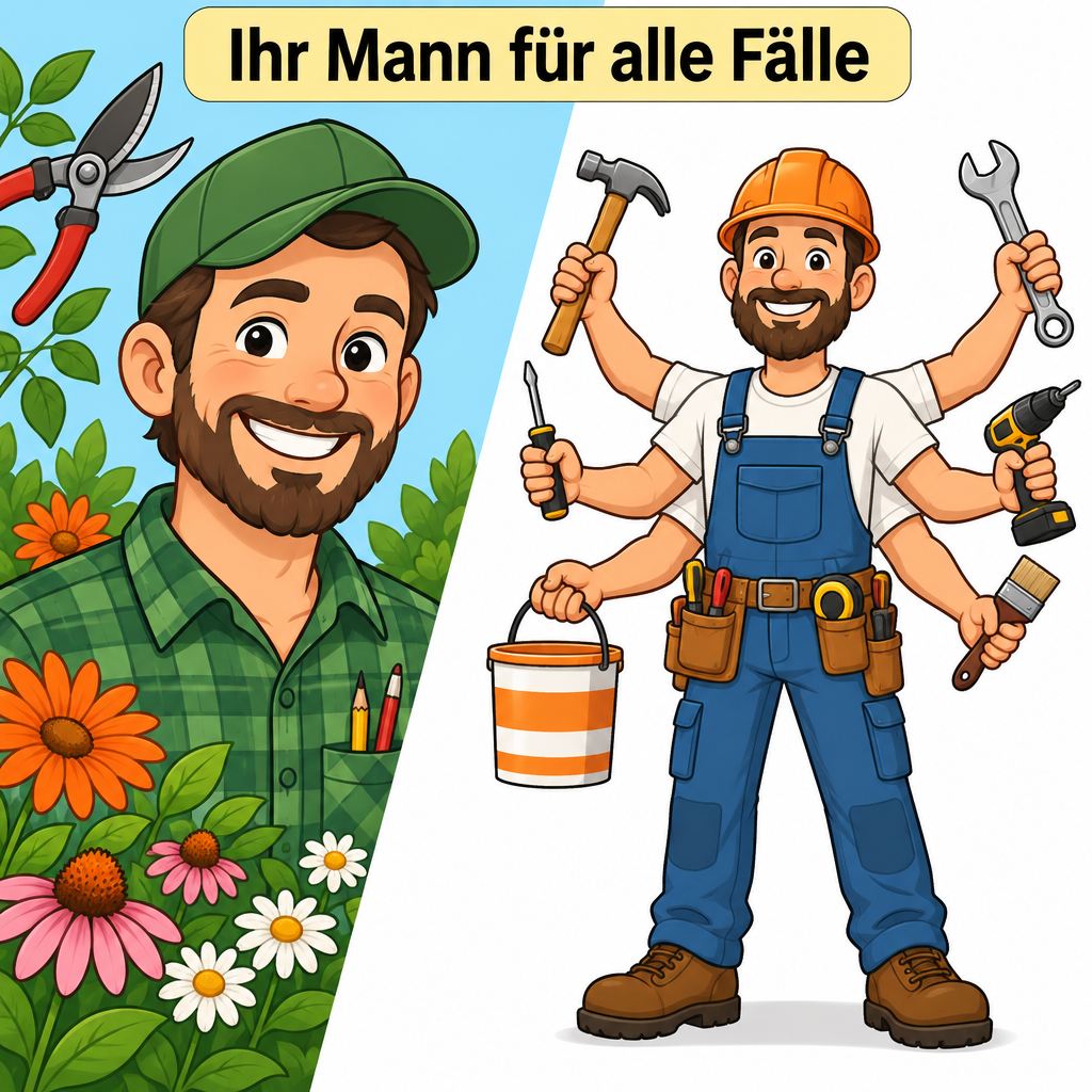 Zwei Cartoon-Handwerker: Gärtner mit Blumen und sechsarmiger Handwerker mit Werkzeugen – Ihr Mann für alle Fälle